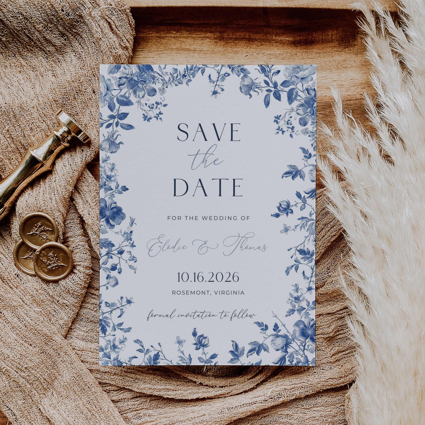 Blue Toile Save the Date – Canva Template – Elodie