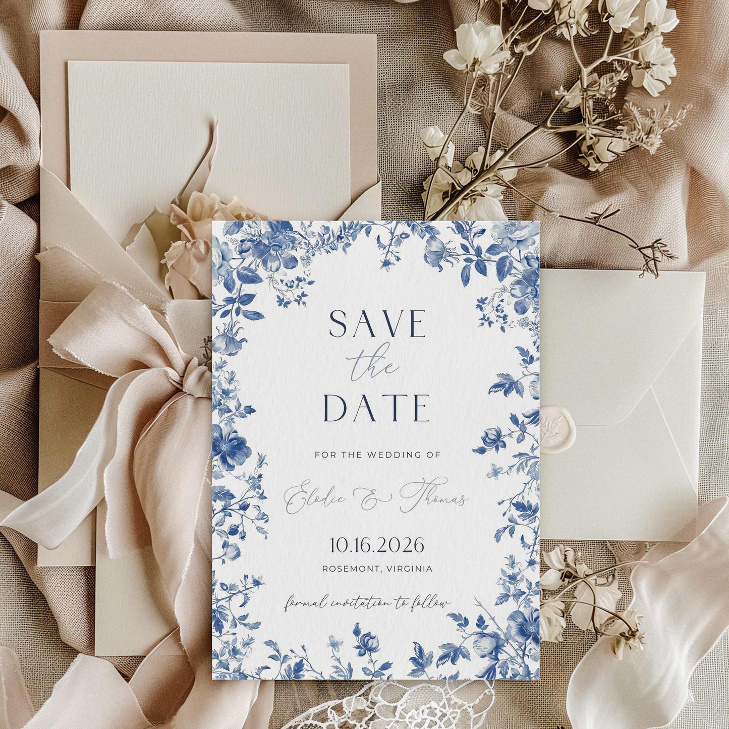Blue Toile Save the Date – Canva Template – Elodie