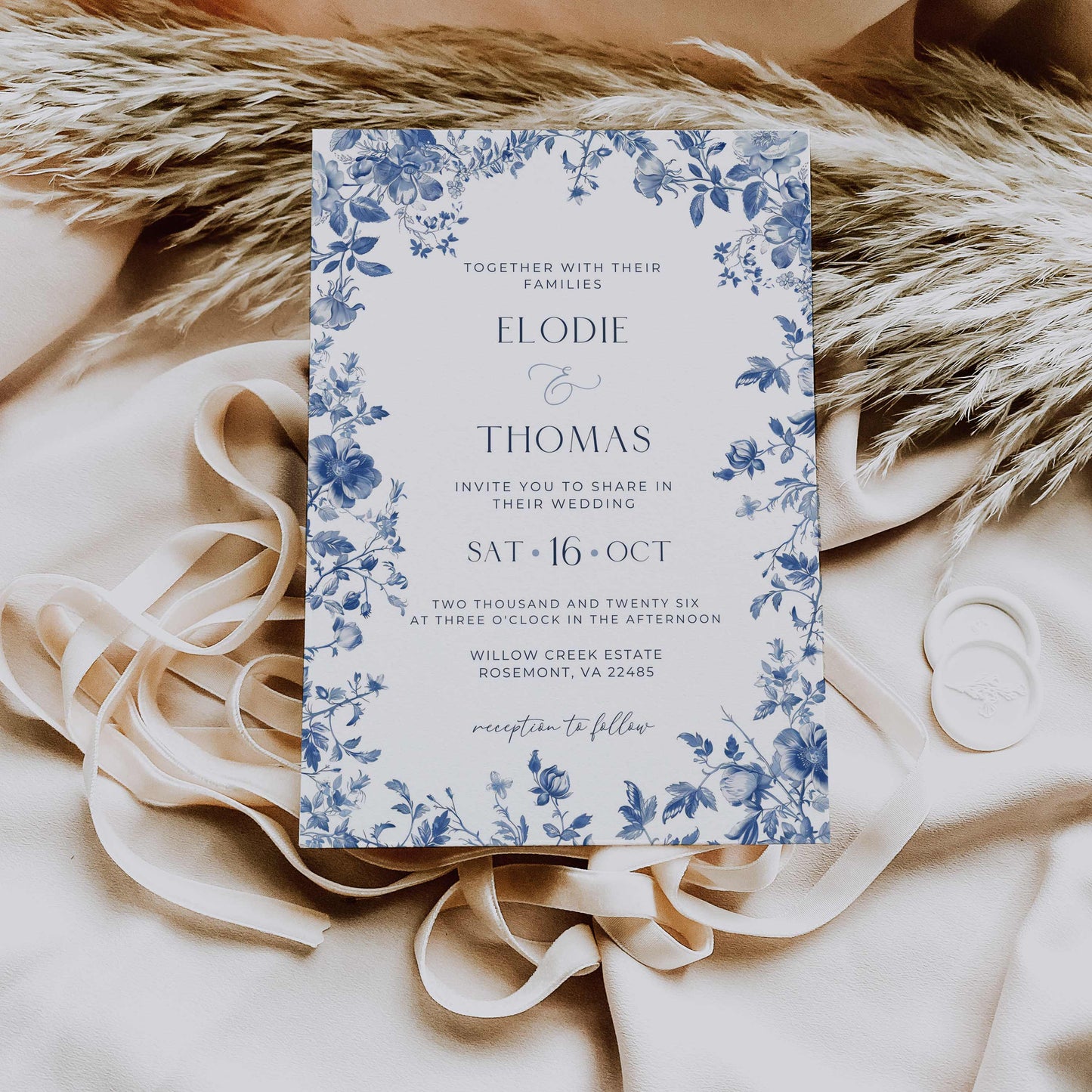 Blue Toile Wedding Invitation – Canva Template – Elodie
