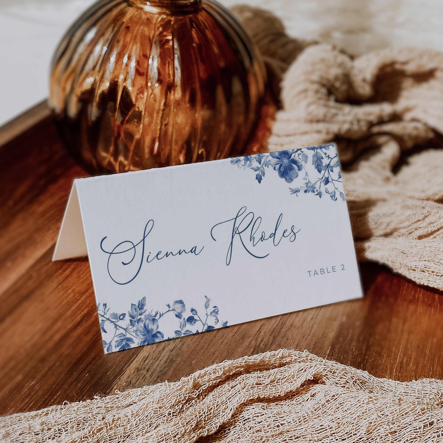 Blue Toile Place Card – Canva Template – Elodie
