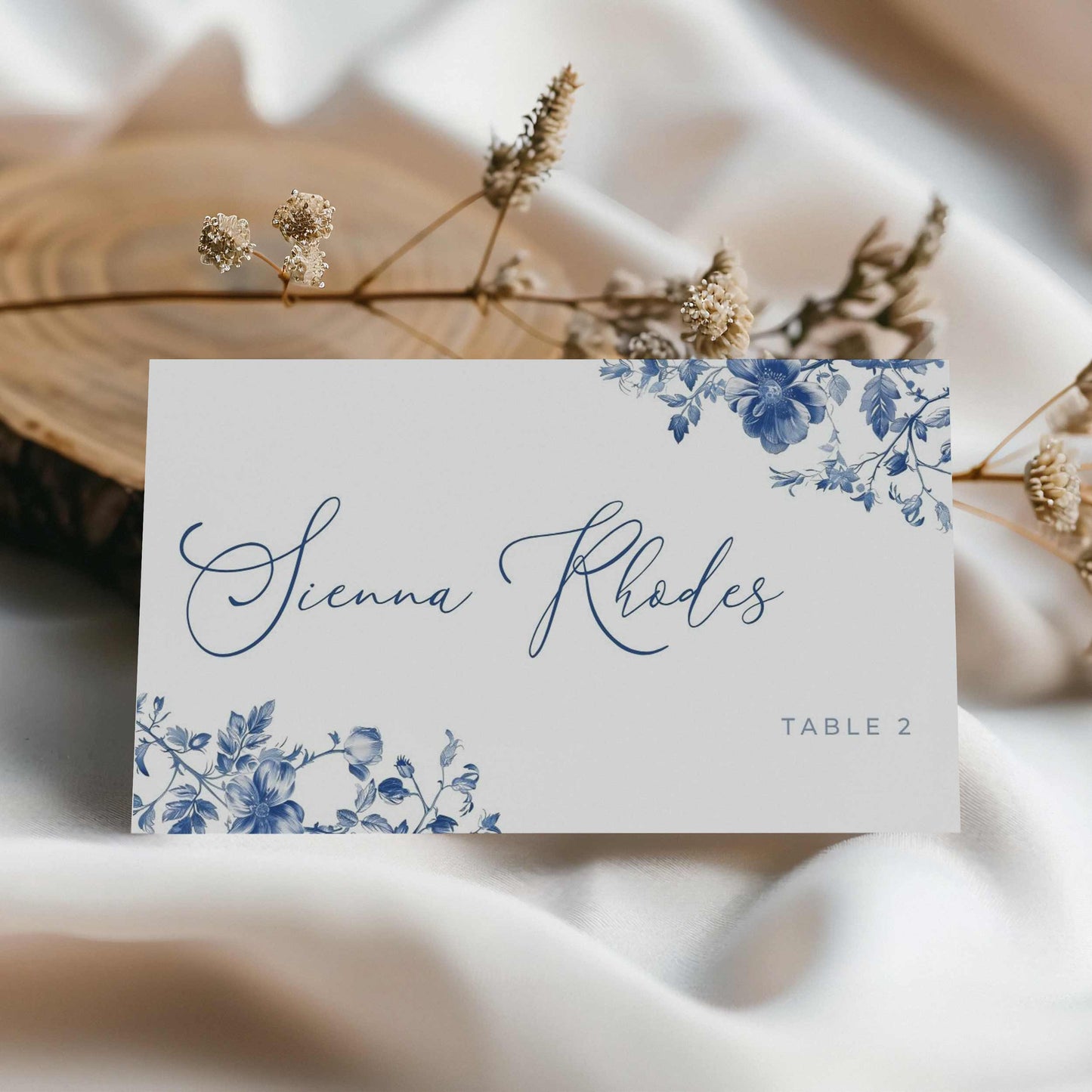 Blue Toile Place Card – Canva Template – Elodie