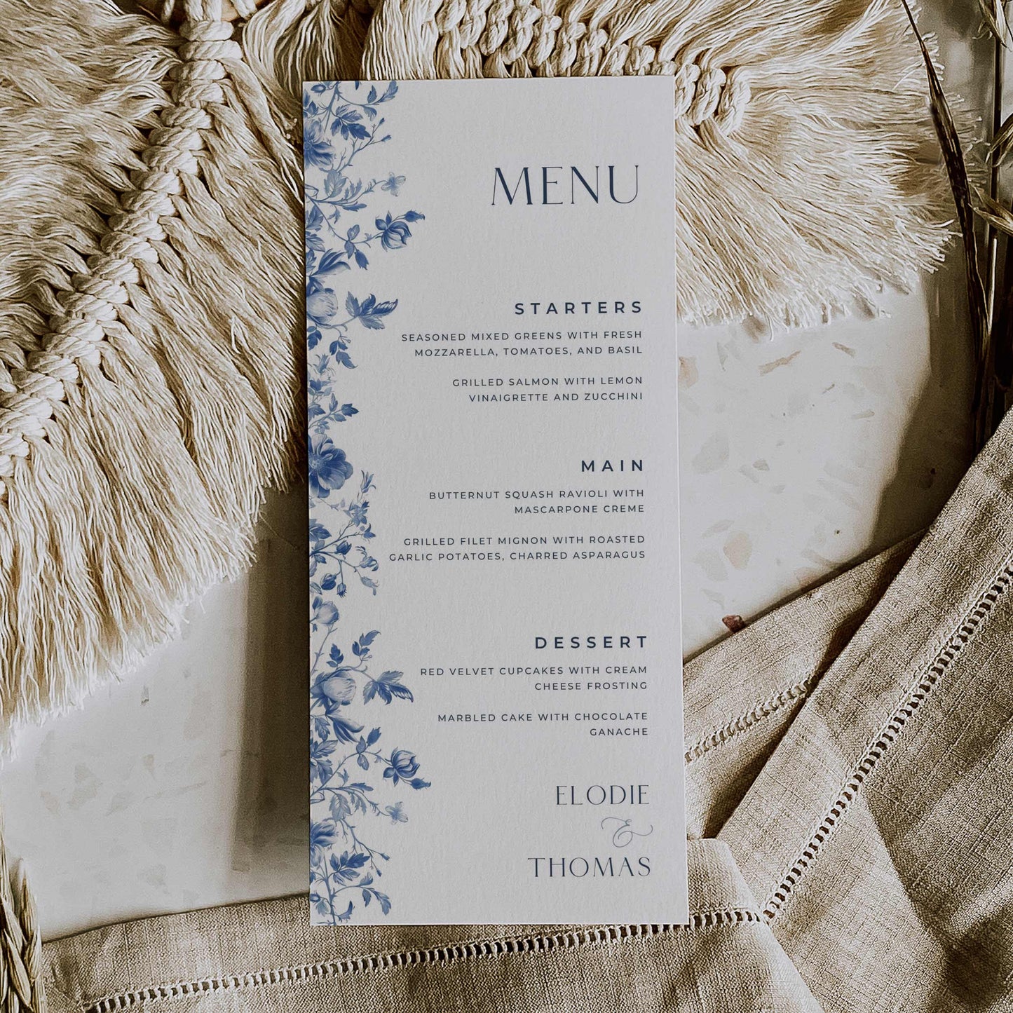 Blue Toile Menu Card – Canva Template – Elodie