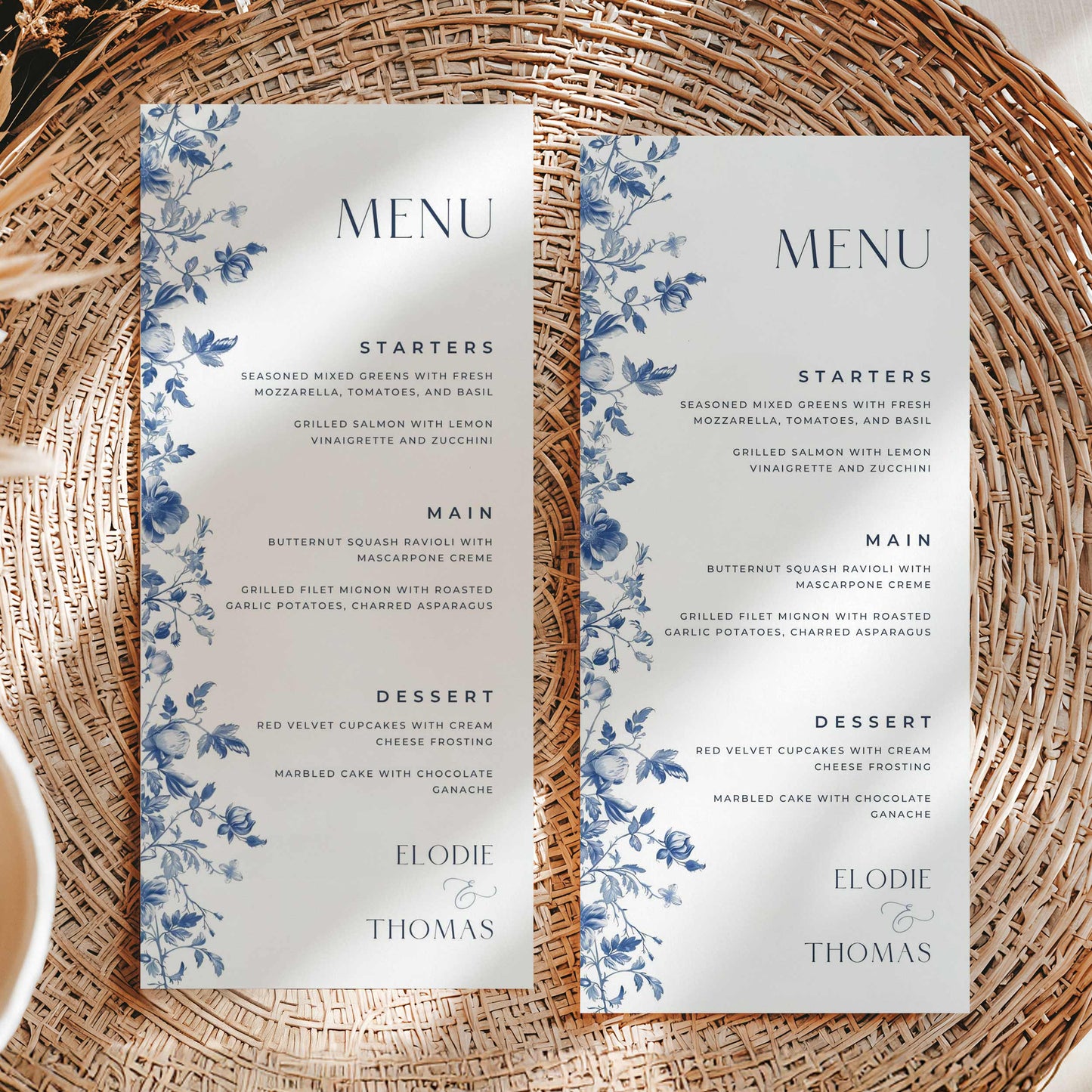 Blue Toile Menu Card – Canva Template – Elodie