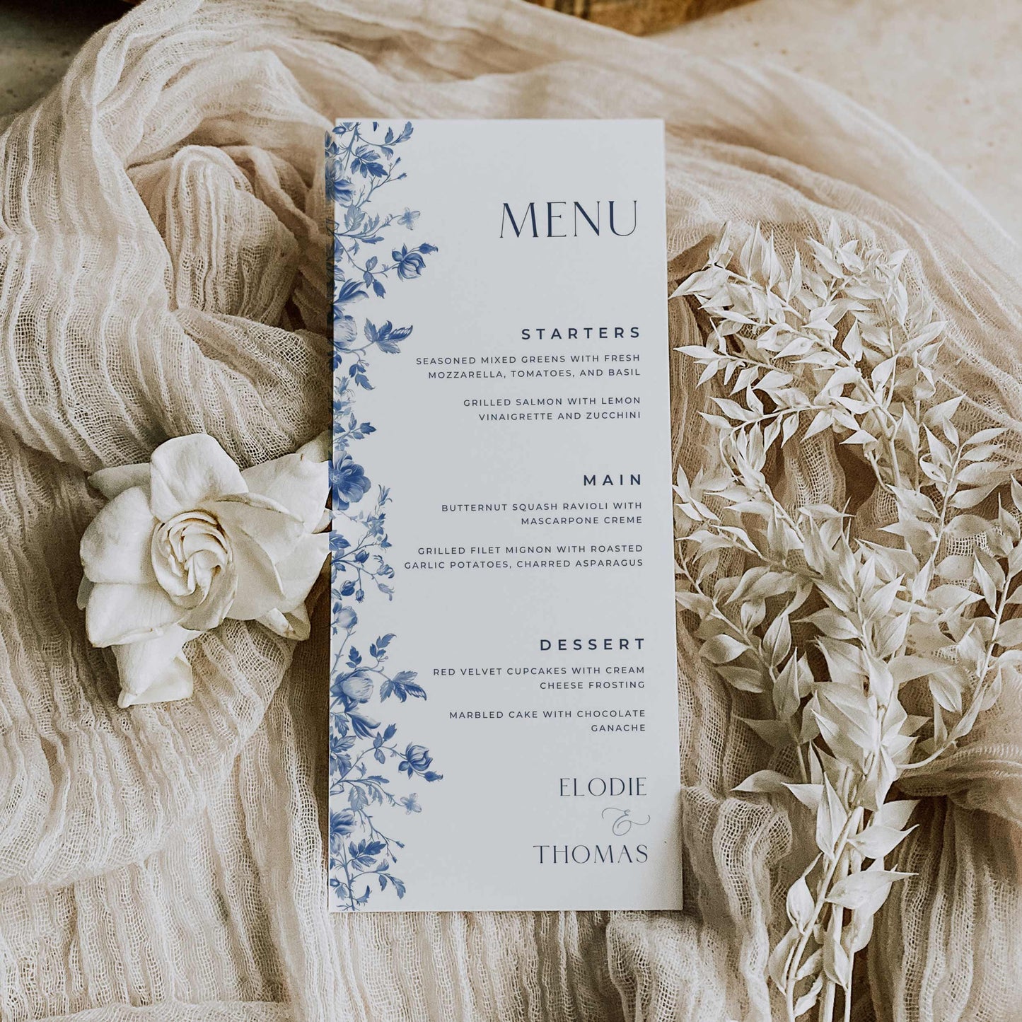 Blue Toile Menu Card – Canva Template – Elodie