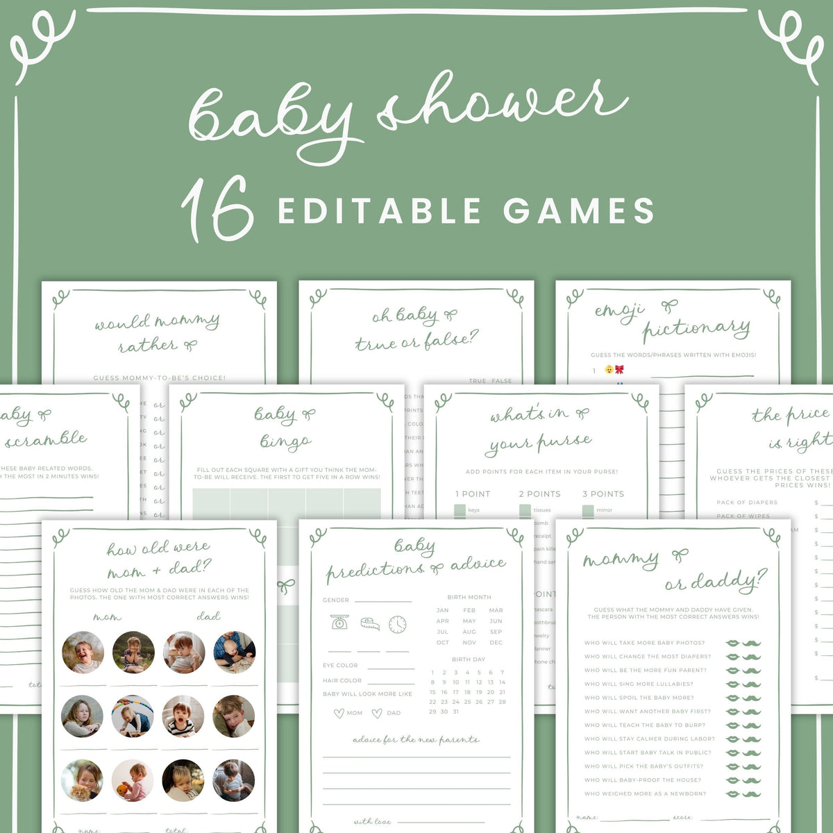 Sage Green Doodle Baby Shower Games & Activities