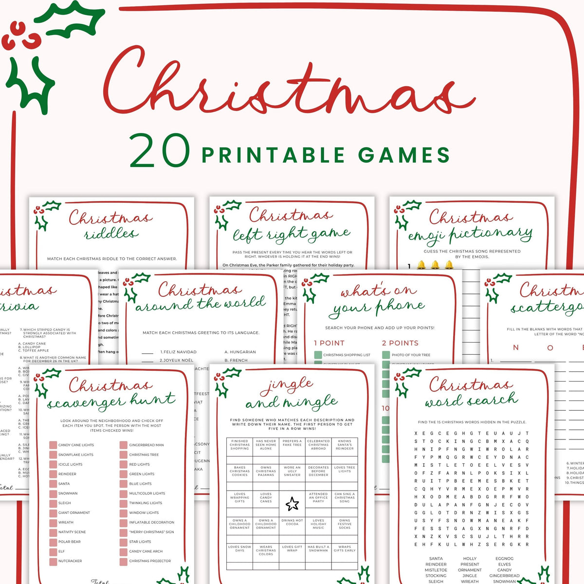 Whimsical hand-drawn Christmas party games bundle with 20 printable red and green holiday games