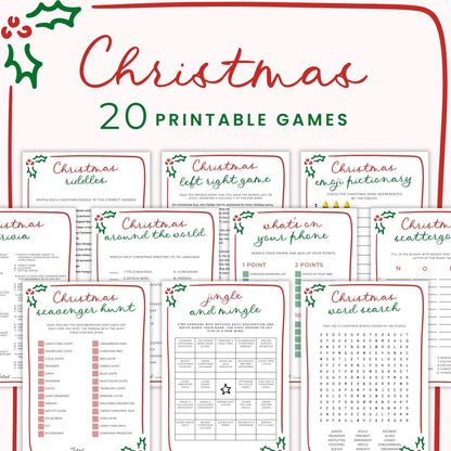 Whimsical hand-drawn Christmas party games bundle with 20 printable red and green holiday games
