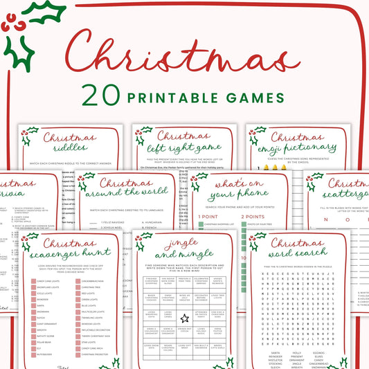 Whimsical hand-drawn Christmas party games bundle with 20 printable red and green holiday games