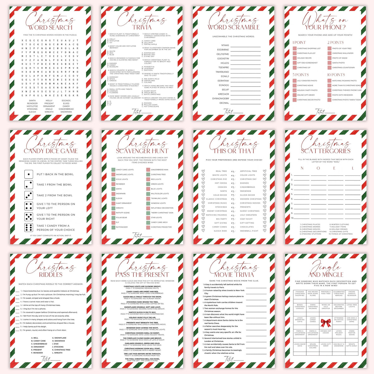 Candy Cane Stripe Christmas Party Games Bundle