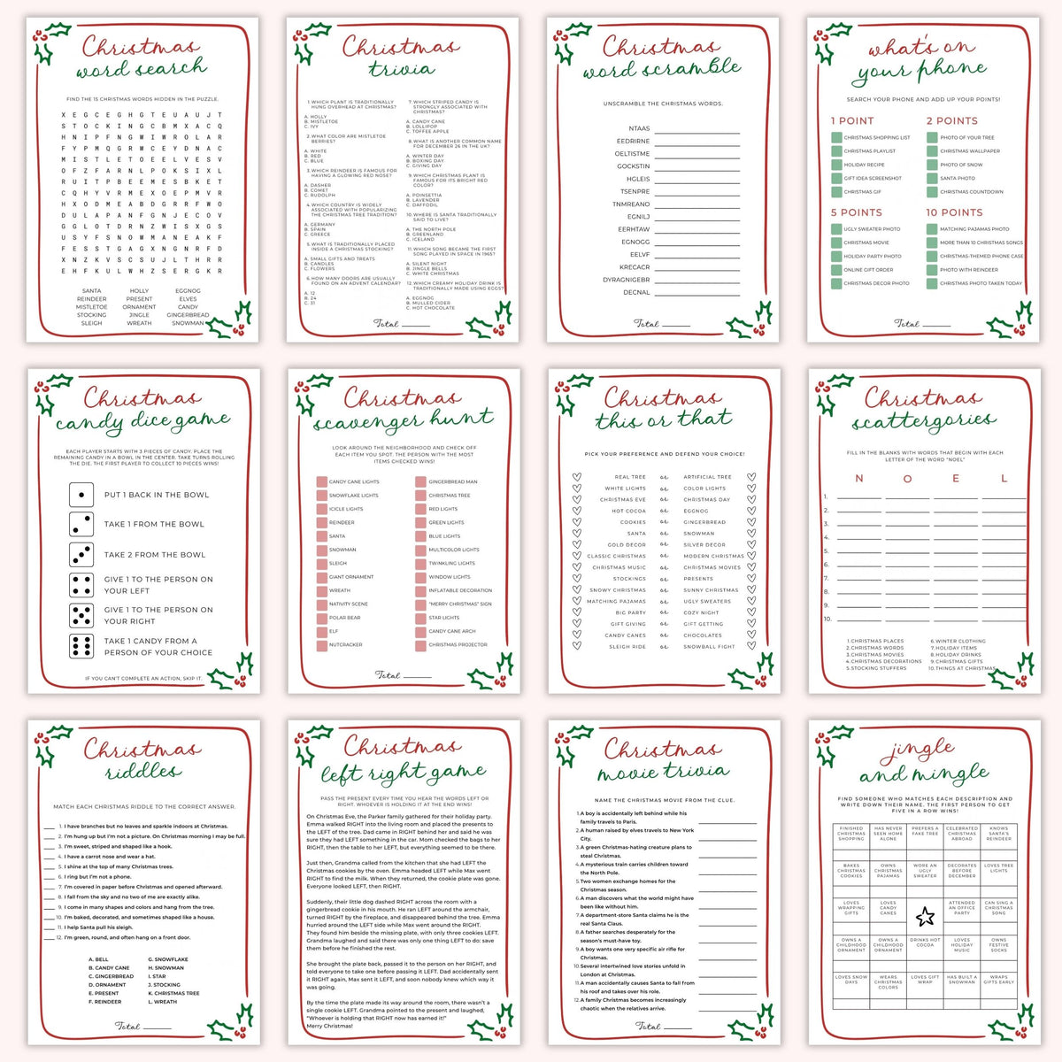 Whimsical Hand-Drawn Christmas Party Games Bundle