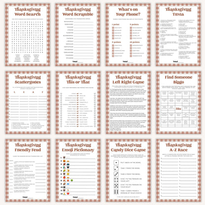 Gingham Thanksgiving Party Games Bundle
