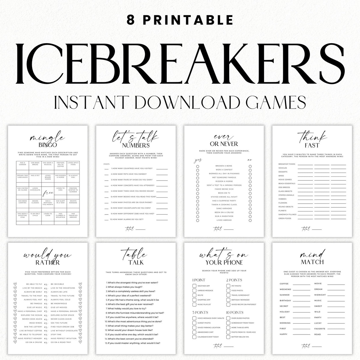 Classic printable icebreaker games bundle with 8 black and white group games for adults