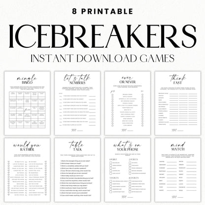 Classic printable icebreaker games bundle with 8 black and white group games for adults