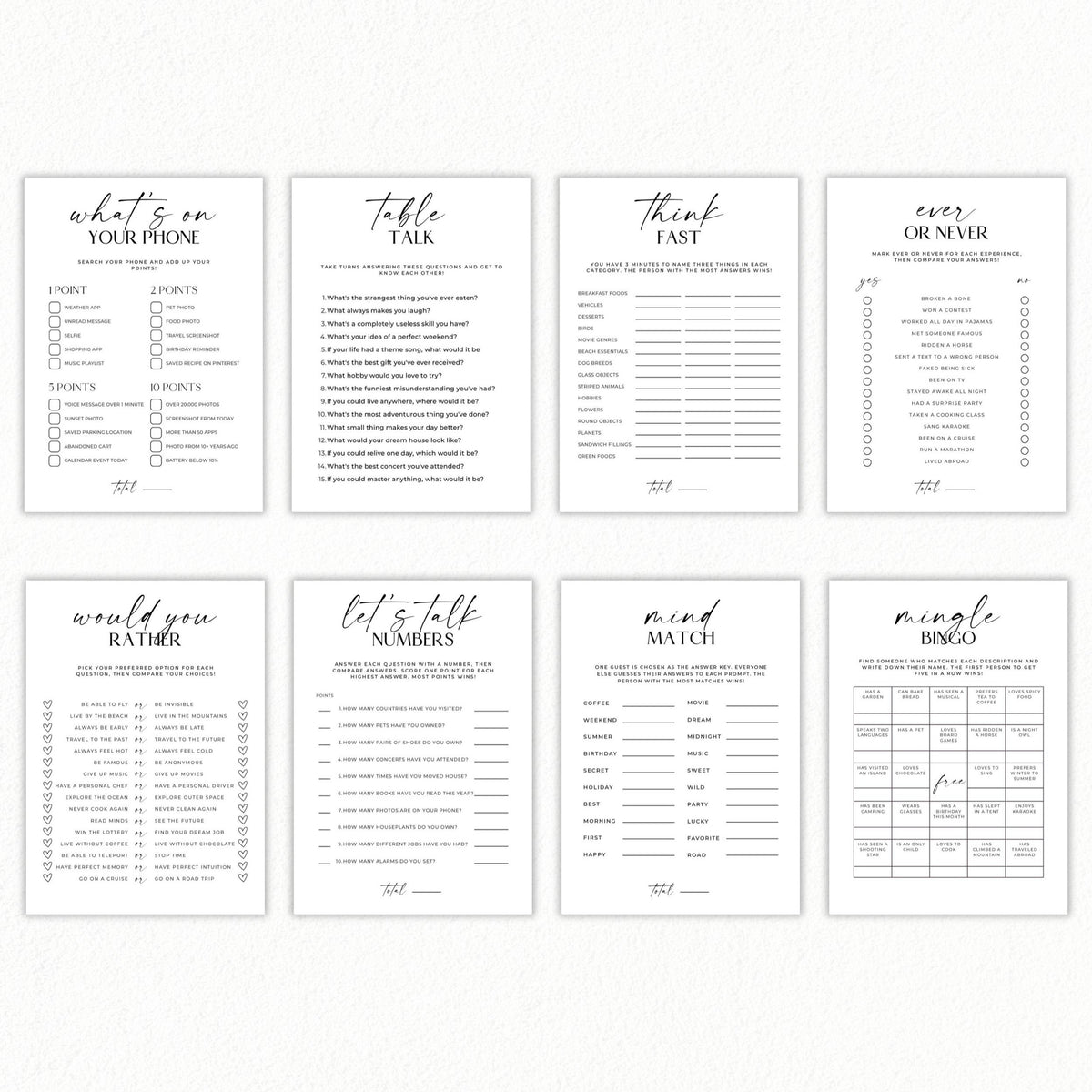 Set of 8 printable icebreaker games including bingo, table talk and group activities
