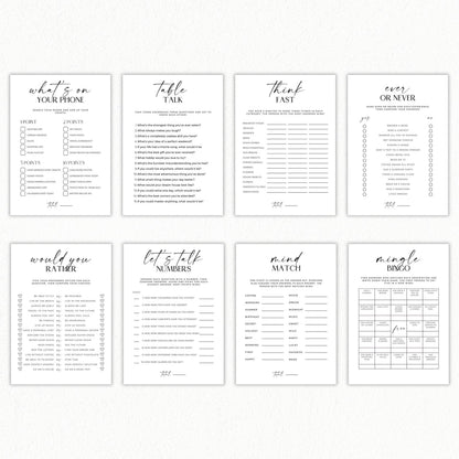 Set of 8 printable icebreaker games including bingo, table talk and group activities