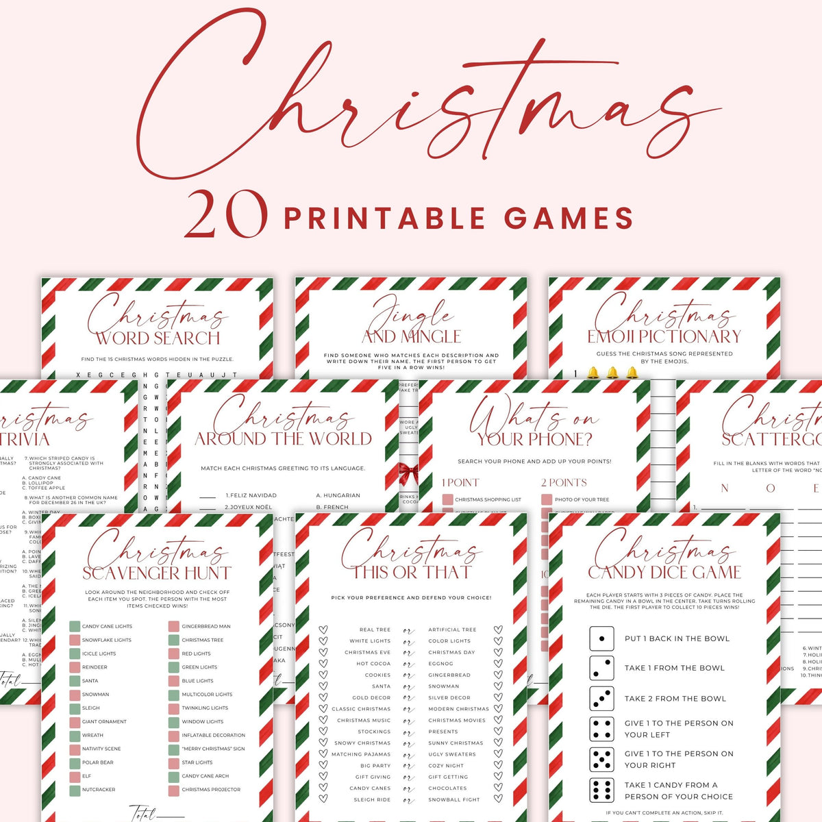 Candy cane stripe Christmas party games bundle with 20 printable red white and green holiday games