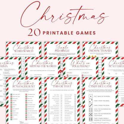 Candy cane stripe Christmas party games bundle with 20 printable red white and green holiday games