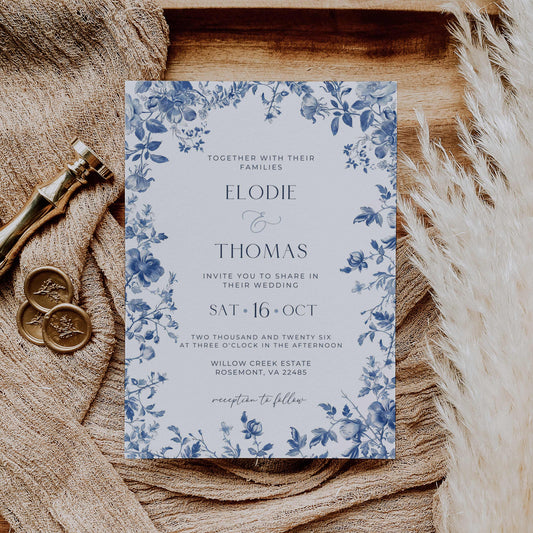 Blue Toile Wedding Invitation – Canva Template – Elodie