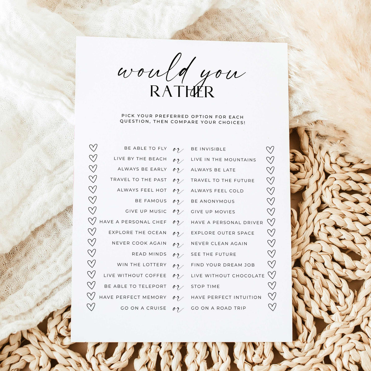 Would you rather printable icebreaker game in classic black and white design