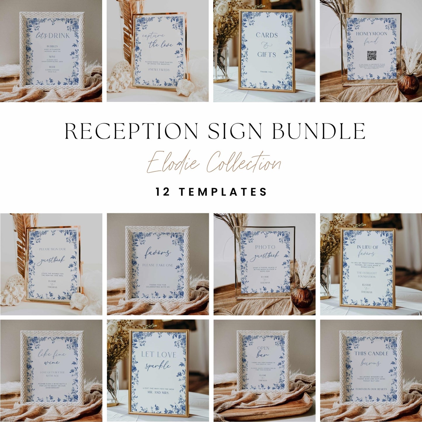 Blue Toile Reception Sign Package – Canva Template – Elodie
