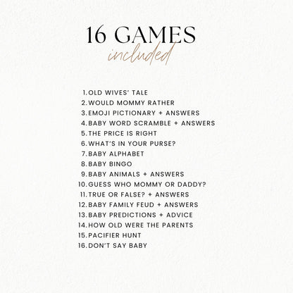 A white card or poster with black text listing '16 GAMES included' and a numbered game list such as 'Old Wives' Tale,' 'Emoji Pictionary + Answers,' 'Baby Alphabet,' and 'Baby Bingo.'.