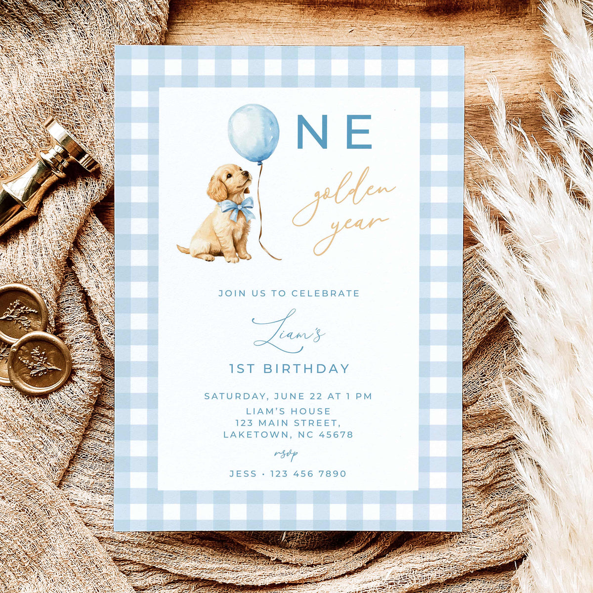 Blue Golden Retriever First Birthday Invitation