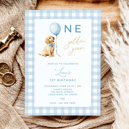 Blue Golden Retriever First Birthday Invitation