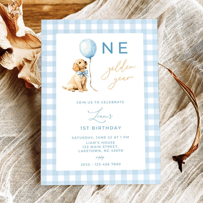 Blue Golden Retriever First Birthday Invitation