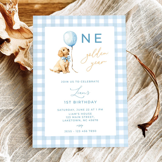 Blue Golden Retriever First Birthday Invitation