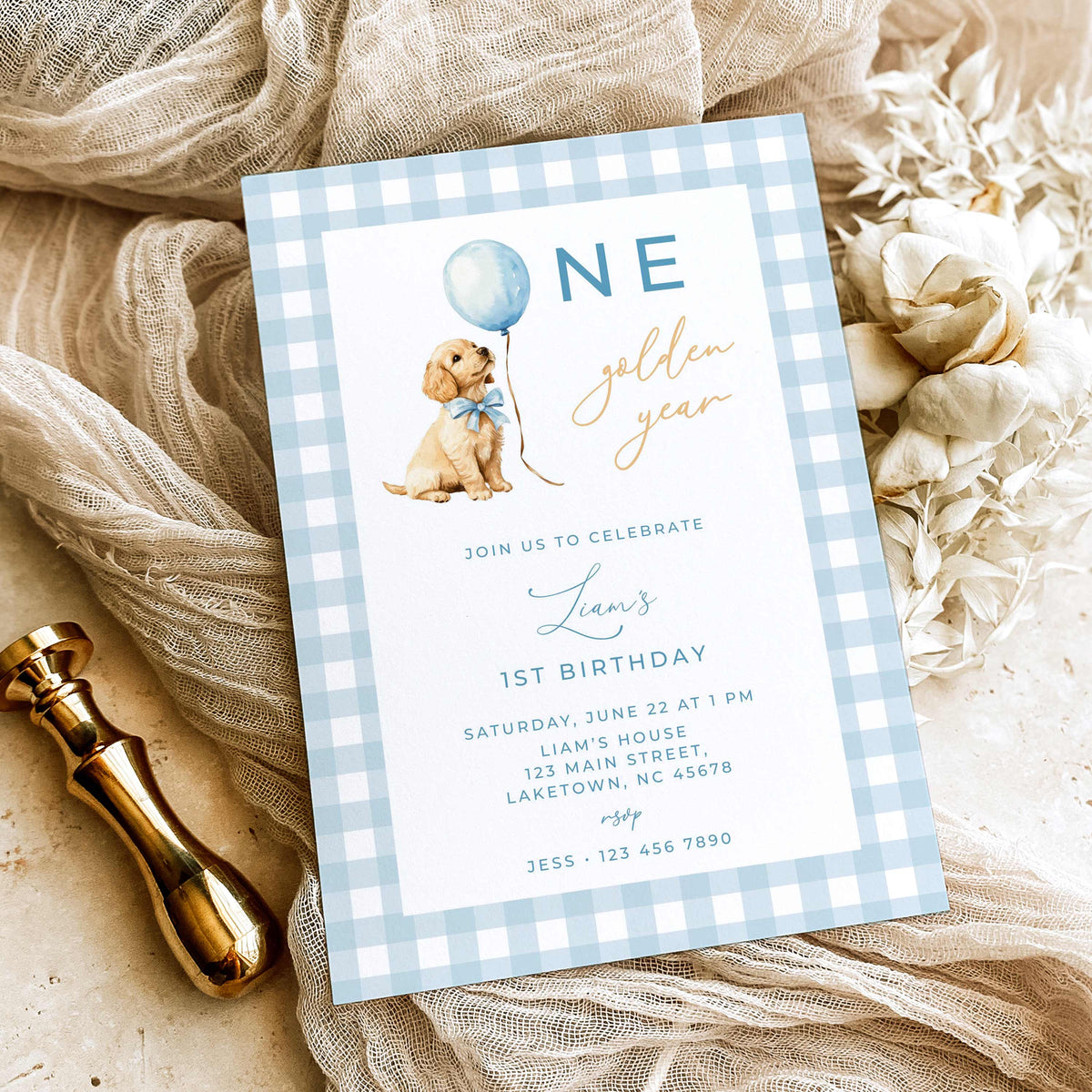 Blue Golden Retriever First Birthday Invitation