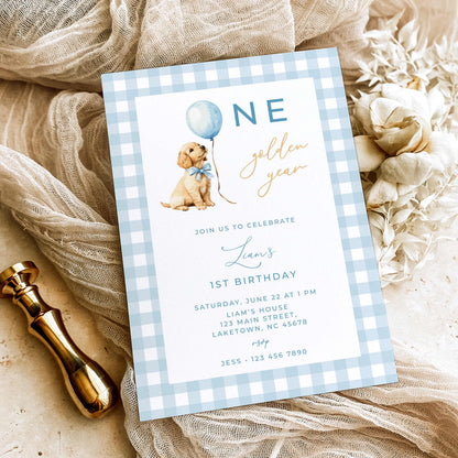 Blue Golden Retriever First Birthday Invitation
