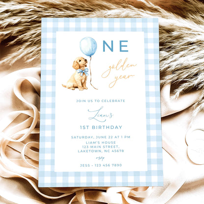 Blue Golden Retriever First Birthday Invitation