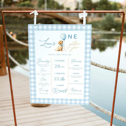 Blue golden retriever first birthday milestone sign with watercolor puppy, balloon and gingham border