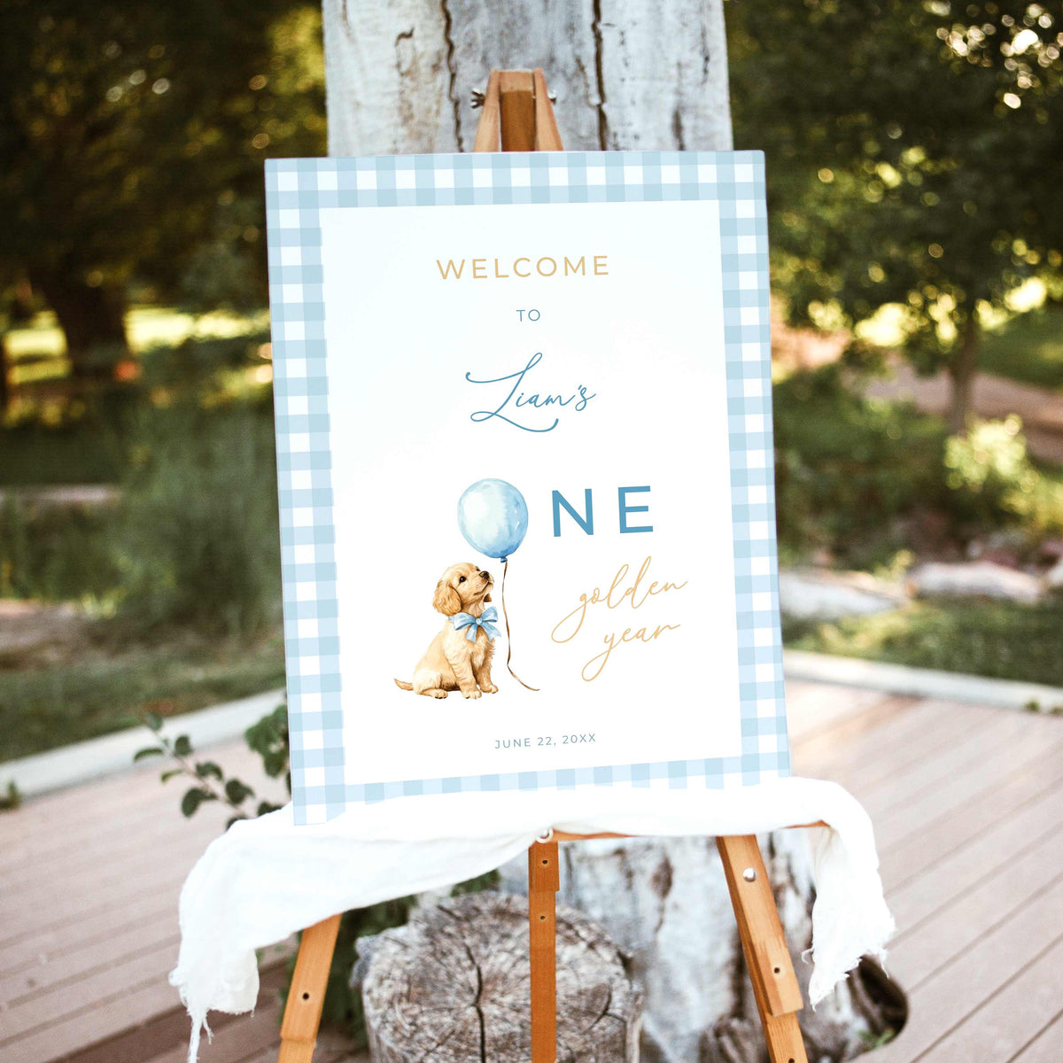 Blue Golden Retriever First Birthday Welcome Sign