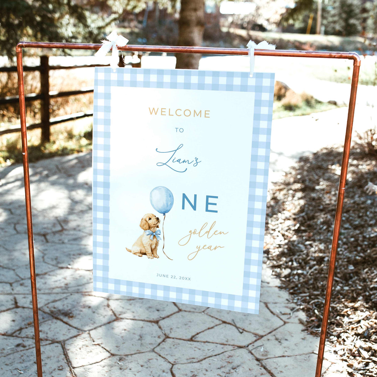 Blue Golden Retriever First Birthday Welcome Sign