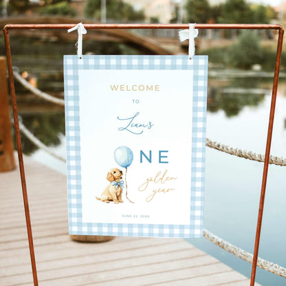 Blue Golden Retriever First Birthday Welcome Sign