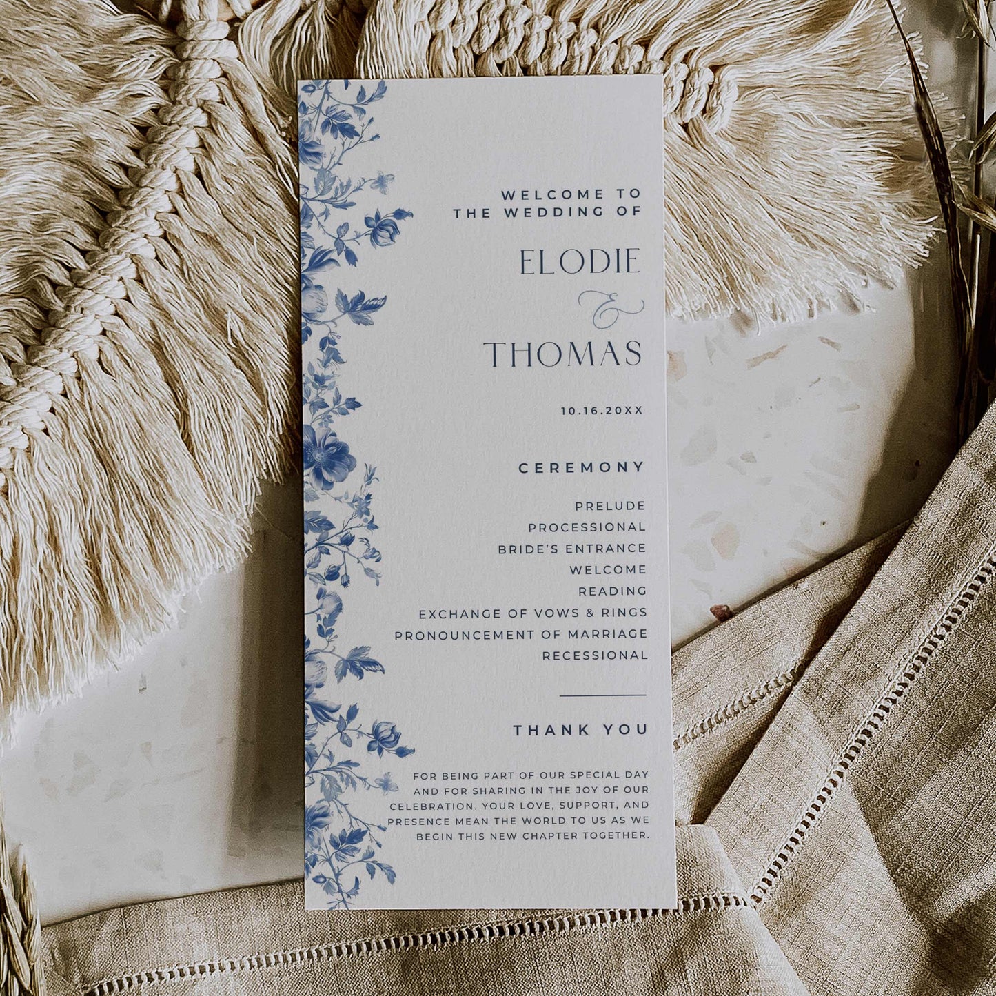 Blue Toile Wedding Program – Canva Template – Elodie