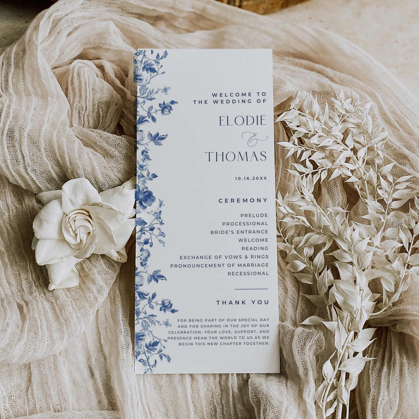 Blue Toile Wedding Program – Canva Template – Elodie