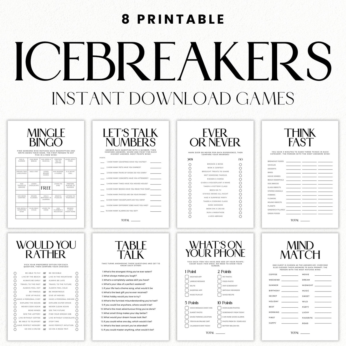 Eight printable icebreaker games for adults in an elegant black-and-white serif design, including Mingle Bingo, Would You Rather, Table Talk, and Mind Match.