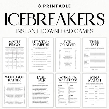 Eight printable icebreaker games for adults in an elegant black-and-white serif design, including Mingle Bingo, Would You Rather, Table Talk, and Mind Match.