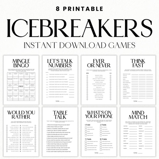 Eight printable icebreaker games for adults in an elegant black-and-white serif design, including Mingle Bingo, Would You Rather, Table Talk, and Mind Match.