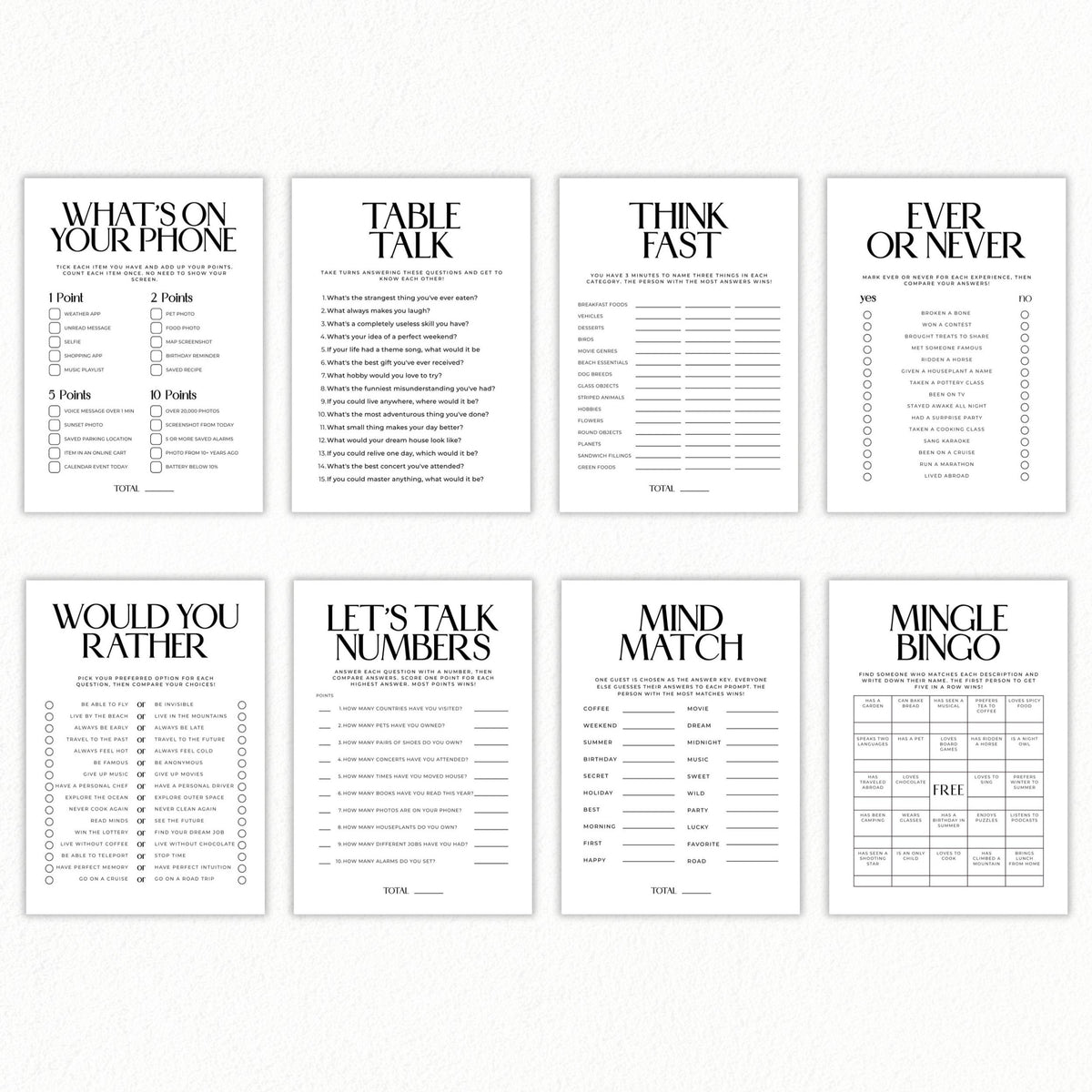 Eight printable icebreaker games for adults in an elegant black-and-white serif design, including Mingle Bingo, Would You Rather, Table Talk, and Mind Match.