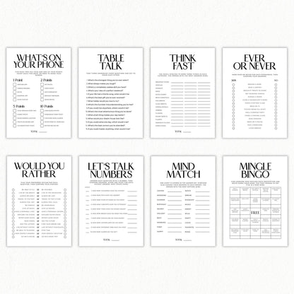 Eight printable icebreaker games for adults in an elegant black-and-white serif design, including Mingle Bingo, Would You Rather, Table Talk, and Mind Match.