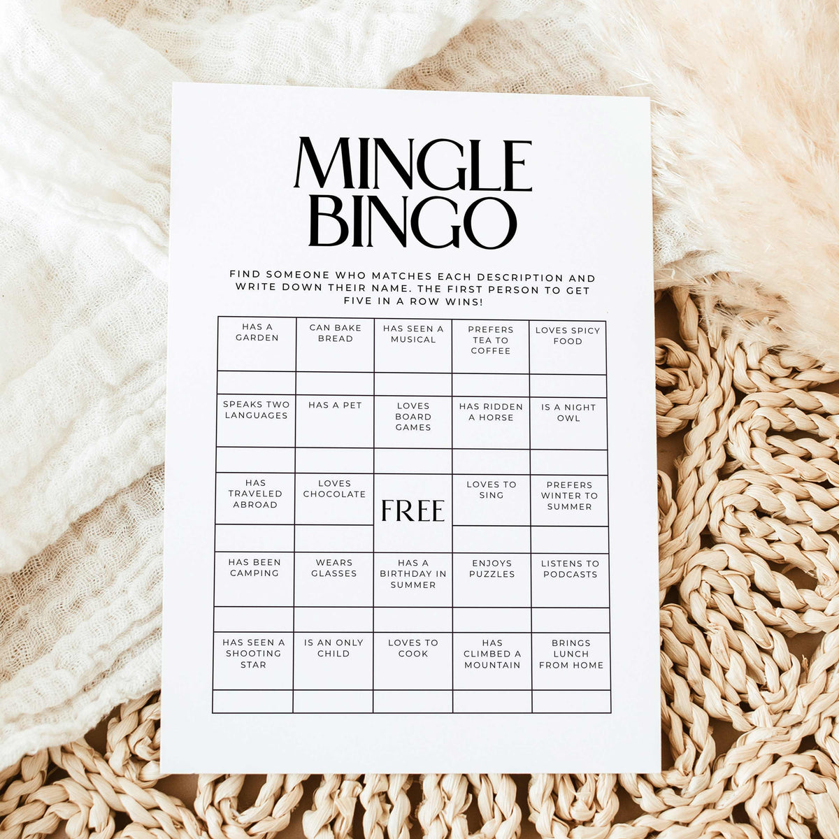 Printable Mingle Bingo icebreaker game with a find someone who bingo grid and elegant black serif typography.