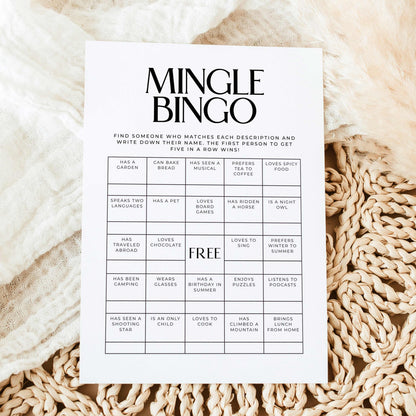 Printable Mingle Bingo icebreaker game with a find someone who bingo grid and elegant black serif typography.