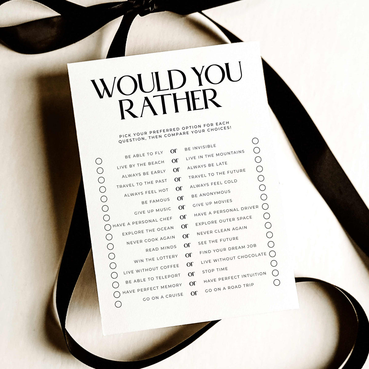 Printable Would You Rather icebreaker game for adults with conversation prompts and a classic black-and-white design.