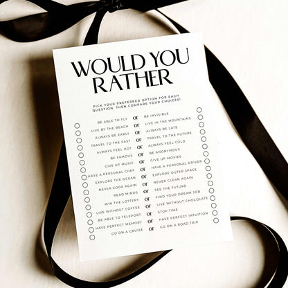 Printable Would You Rather icebreaker game for adults with conversation prompts and a classic black-and-white design.