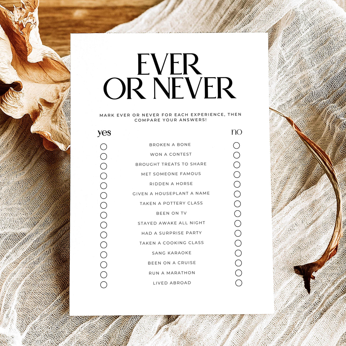Printable Ever or Never party game for adults with yes-or-no experience prompts and a classic black-and-white layout.