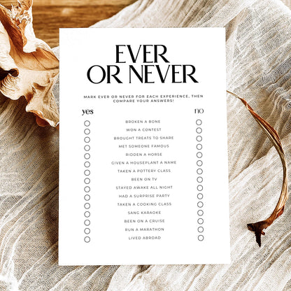 Printable Ever or Never party game for adults with yes-or-no experience prompts and a classic black-and-white layout.
