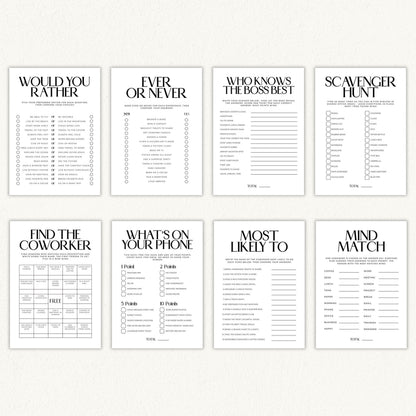Eight printable checklist sheets arranged in a 2x4 grid on a light beige background. The sheets feature black text and lines with titles including 'WOULD YOU RATHER', 'EVER OR NEVER', 'WHO KNOWS THE BOSS BEST', 'SCAVENGER HUNT', 'FIND THE COWORKER', 'WHAT'S ON YOUR PHONE', 'MOST LIKELY TO', and 'MIND MATCH'.